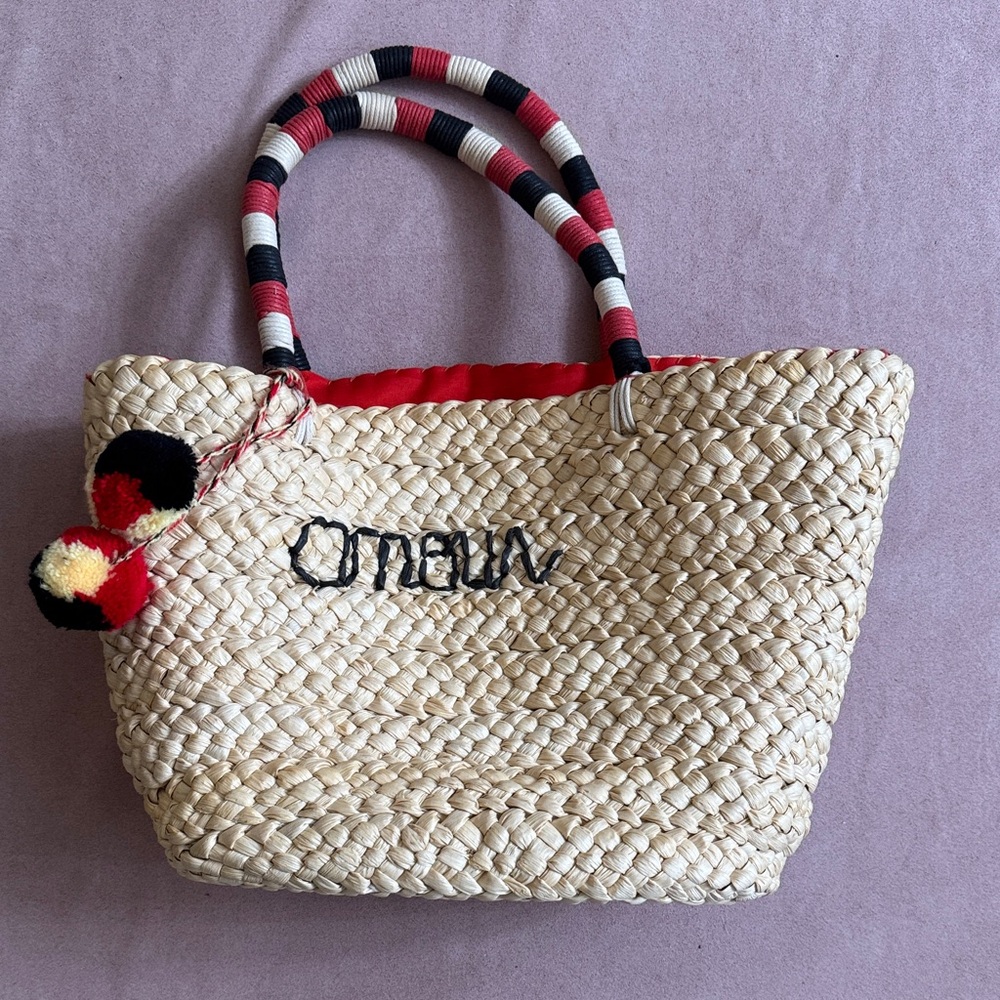 USED RAFFIA Woven Straw Tote Bag with Red Accents and POMPOM!